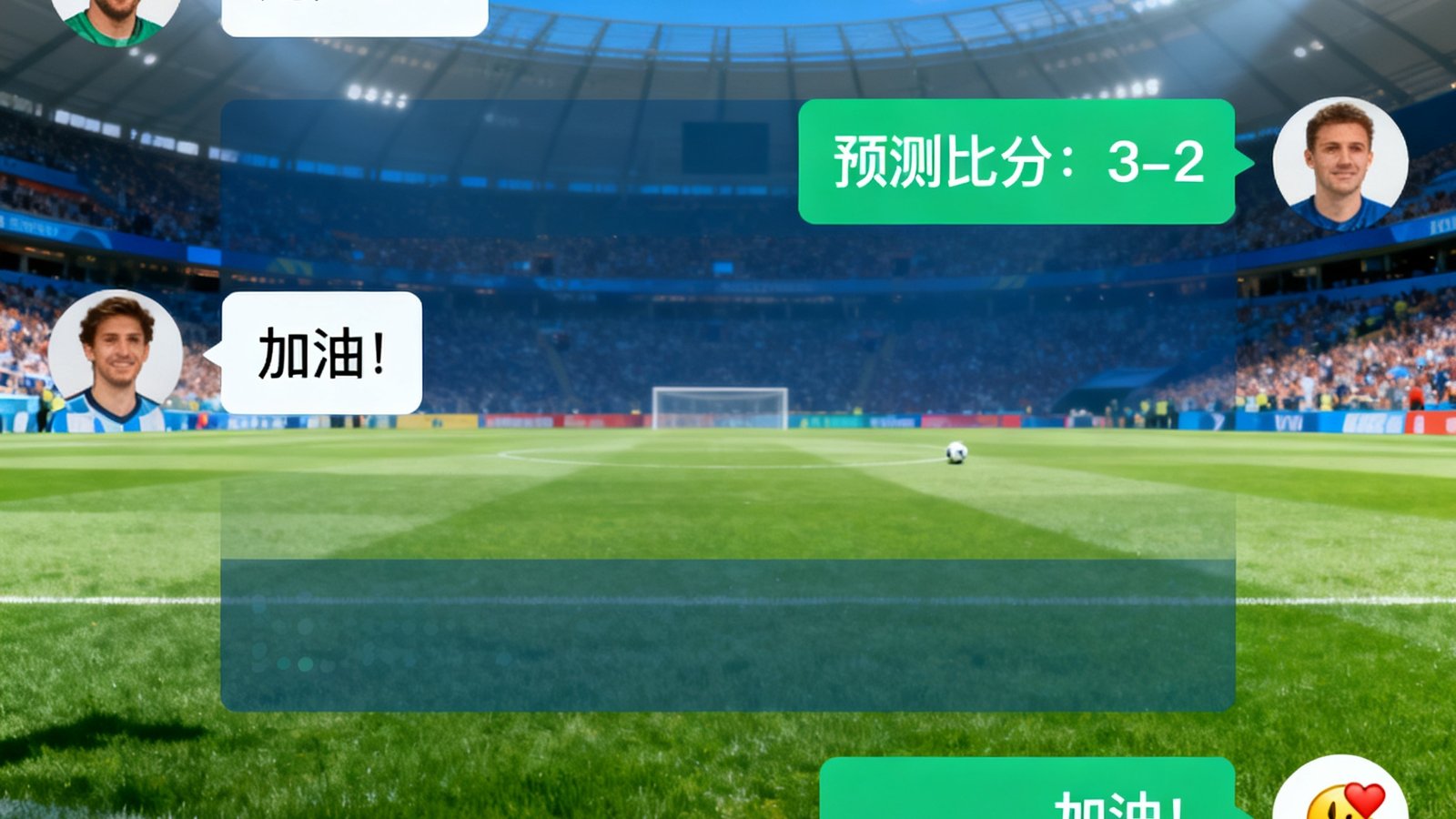 足球社区聊天室界面，实时弹幕滚动，包含用户头像、比分预测及表情互动